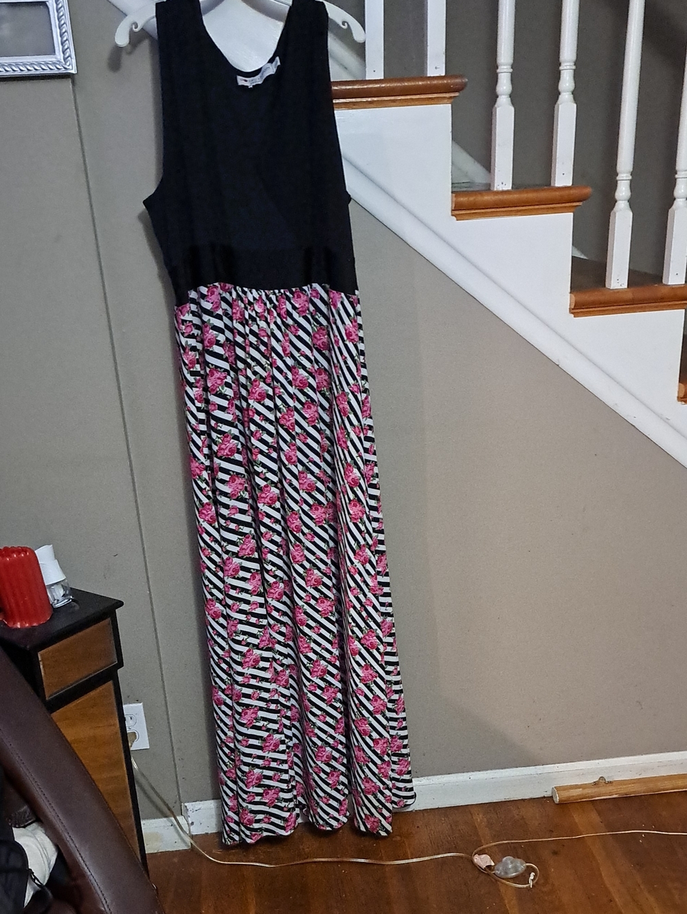 Black & Pink Floral Striped Maxi Dress